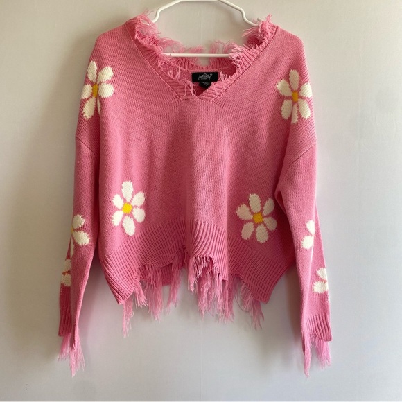just polly Sweaters - Pink V-Neck Sweater with Floral‎ Design